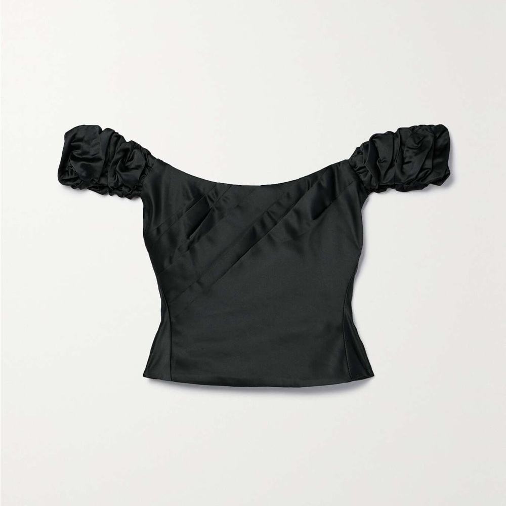 LOVESHACKFANCY
Ileana off-the-shoulder cropped pleated satin top